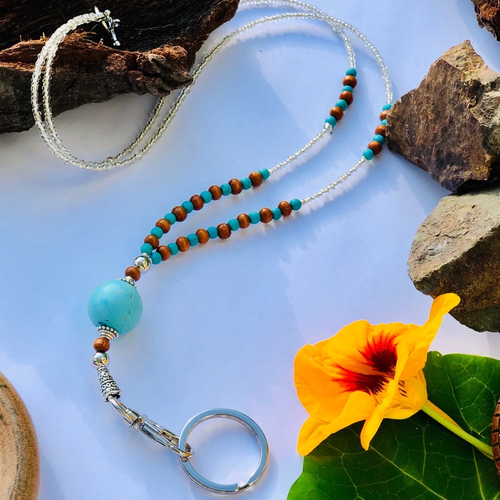 Turquoise and White Beaded Key/Card Lanyard